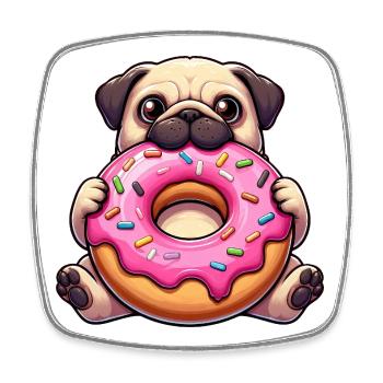Süßer Mops mit Donut lustiger Cartoon Hunde - Viereckiger Kühlschrankmagnet - Weiß - Vorne