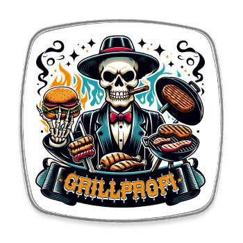 Grillprofi Skelett – BBQ Meister im Mafia-Style - Viereckiger Kühlschrankmagnet - Weiß - Vorne