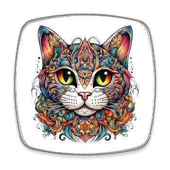 Cat in colorful tattoo style - Square fridge magnet - white - Front