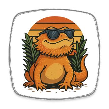Coole Bartagame vor Retro-Sonnenuntergang – Reptil - Viereckiger Kühlschrankmagnet - Weiß - Vorne