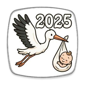 Storch mit Findelkind im Schnabel 2025 - Viereckiger Kühlschrankmagnet - Weiß - Vorne