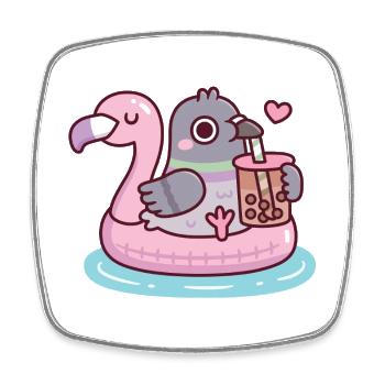 Süße Taube, Die Auf Flamingo-Float Mit Boba Chillt - Viereckiger Kühlschrankmagnet - Weiß - Vorne
