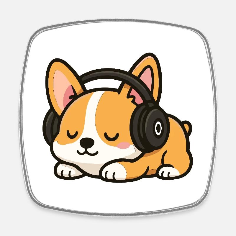 Dessin animé mignon de chien corgi avec des écouteurs dormant - Magnet carré - blanc