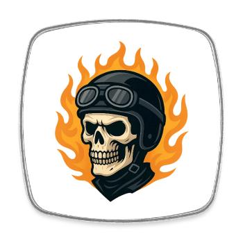 Crâne biker stylisé casque et flammes - Magnet carré - blanc - Devant
