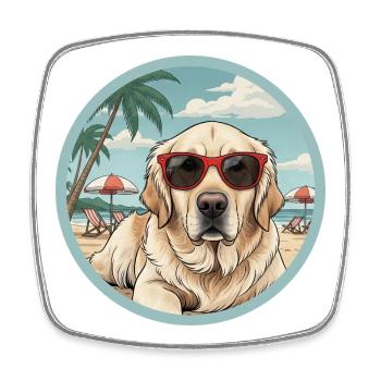 Chien récepteur doré sur la plage avec des lunettes rouges - Magnet carré - blanc - Devant