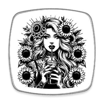 Woman with Flowers – Line Art Clipart - Square fridge magnet - white - Front