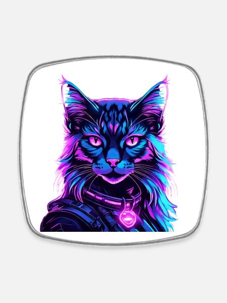 Neon Space Cat Cat Portrait - Square fridge magnet - white