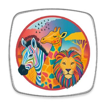 Colorful savannah trio: zebra, giraffe, lion - Square fridge magnet - white - Front