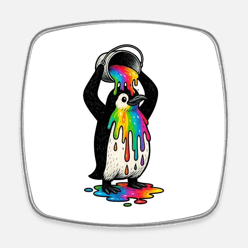 Bunter Pinguin mit Farbeimer - Viereckiger Kühlschrankmagnet - Weiß