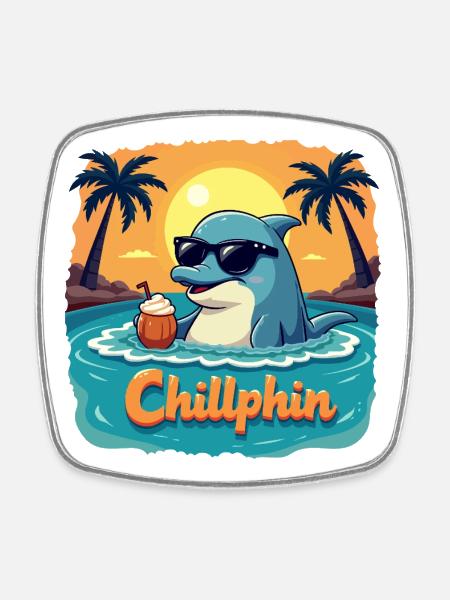 Chillphin – Relax like a dolphin - Square fridge magnet - white