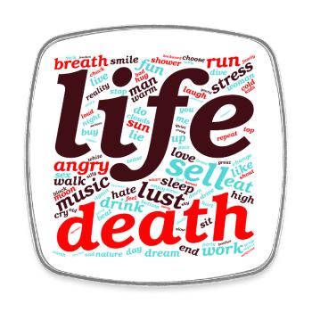 Life & Death – Wortkunst zwischen Himmel und Hölle - Viereckiger Kühlschrankmagnet - Weiß - Vorne