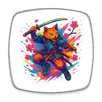 Katzen-Krieger im Samurai-Stil - Viereckiger Kühlschrankmagnet - Weiß - Vorne