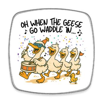 Festive Cartoon Marching Waddle Geese Parade Goose - Square fridge magnet - white - Front