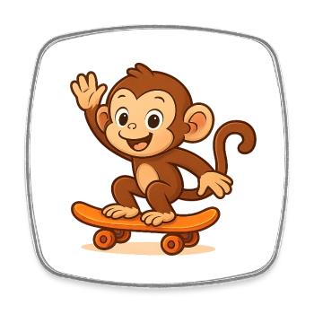 Verspielter Affe auf Skateboard - Viereckiger Kühlschrankmagnet - Weiß - Vorne