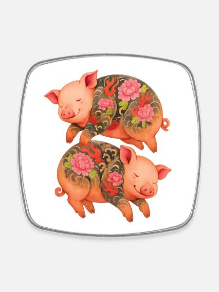 Floating Tattooed Piglets – Double Zen Ink - Square fridge magnet - white