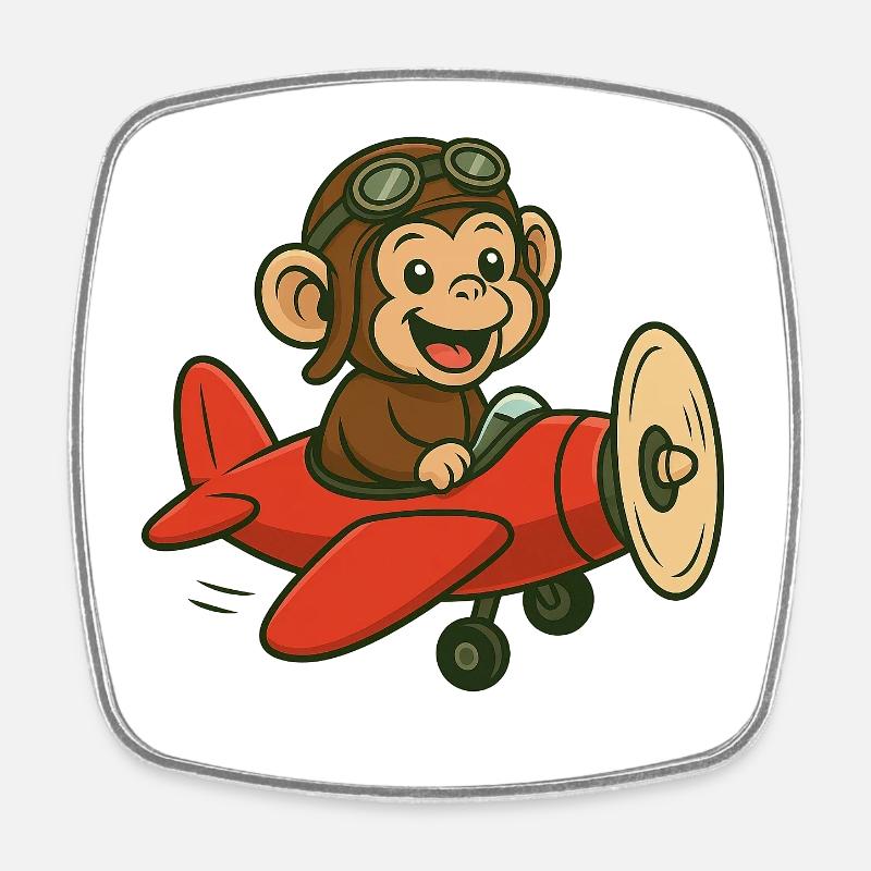 Laughing monkey in airplane with pilot goggles - Square fridge magnet - white