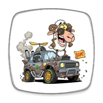 Cartoon Sheep Driver in Off-Road Vehicle - Square fridge magnet - white - Front