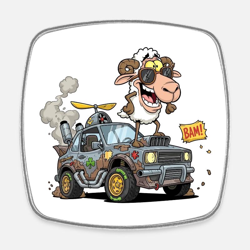 Conducteur de mouton de dessin animé dans un véhicule tout-terrain - Magnet carré - blanc