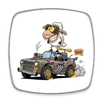 Whimsical Sheep Racing Car Illustration - Square fridge magnet - white - Front