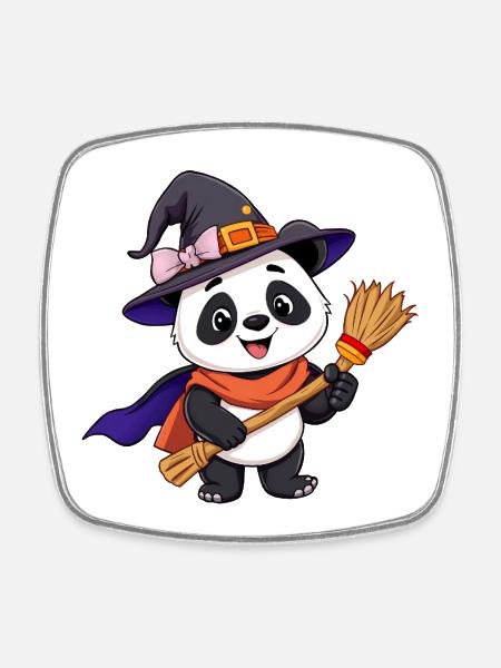 Cute witchy Halloween Panda with Broom - Square fridge magnet - white
