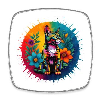 Bunte Deko-Katze mit Blumen - Viereckiger Kühlschrankmagnet - Weiß - Vorne