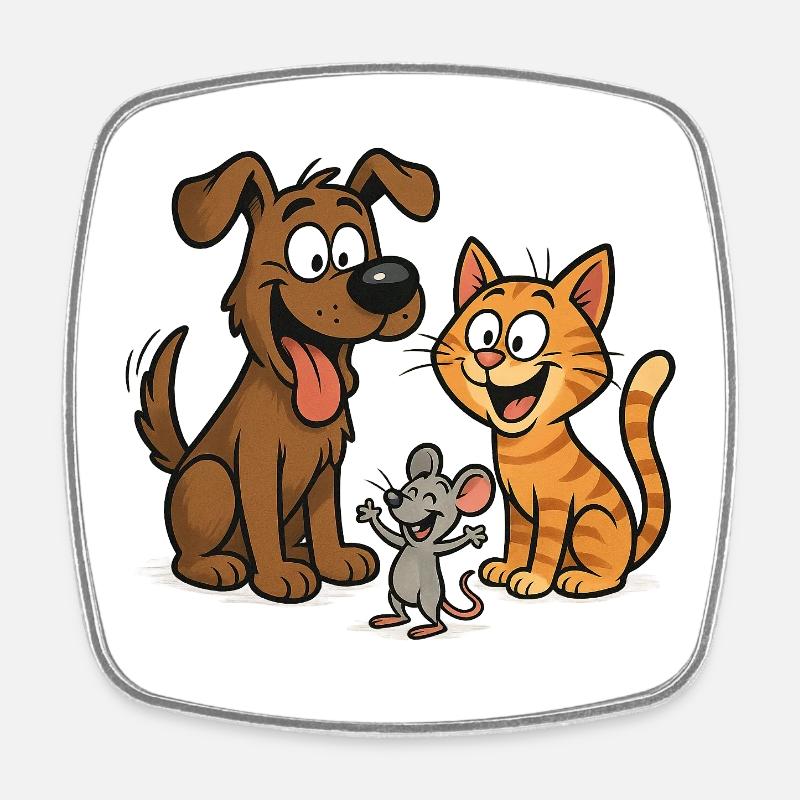 Lustiges Tiertrio – Hund, Katze & Maus - Viereckiger Kühlschrankmagnet - Weiß