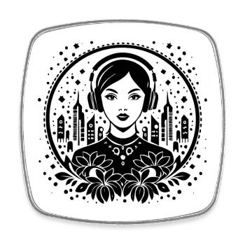 Femme moderne avec des écouteurs – horizon urbain - Magnet carré - blanc - Devant