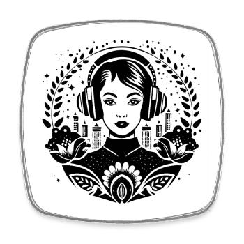 Urban Skyline Shirt – Woman with Headphones - Square fridge magnet - white - Front