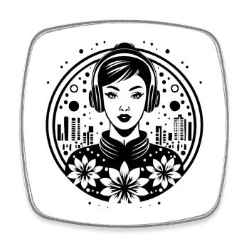 Urban Skyline Shirt – Woman with Headphones - Square fridge magnet - white - Front