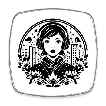 Urban Skyline Shirt – Woman with Headphones - Square fridge magnet - white - Front