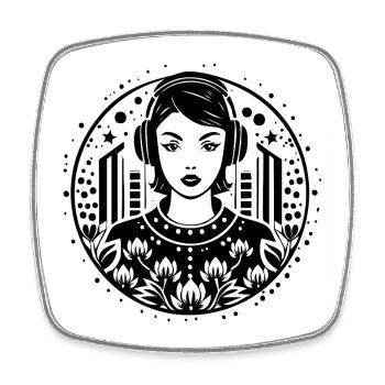 Frau Kopfhörer Skyline Urban Groove Techno Rock - Viereckiger Kühlschrankmagnet - Weiß - Vorne