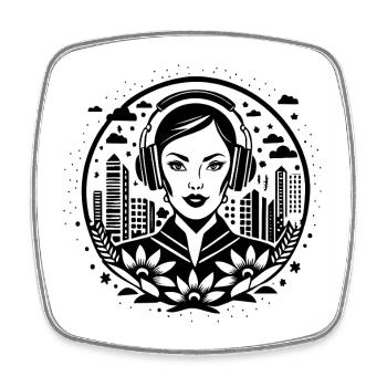 Floral Blossom Bud – Woman, Headphones, Floral - Square fridge magnet - white - Front