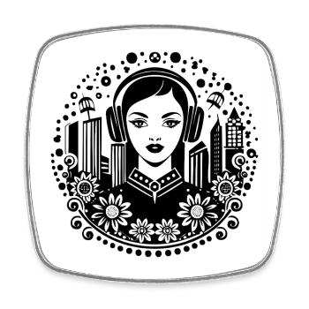 Trottoir urbain – femme, casque audio, portail - Magnet carré - blanc - Devant