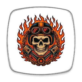 Fire & Flames Design Motorrad Totenkopf - Viereckiger Kühlschrankmagnet - Weiß - Vorne