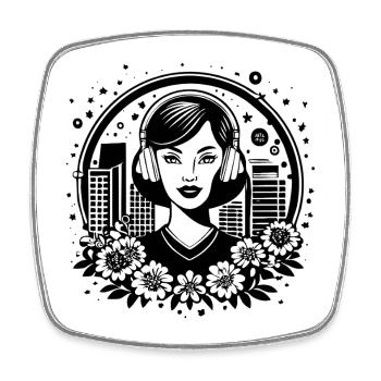 Skyline high-rise façade – woman with headphones - Square fridge magnet - white - Front