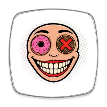 Lächelndes Maskottchen mit Donut und Kake - Viereckiger Kühlschrankmagnet - Weiß - Vorne