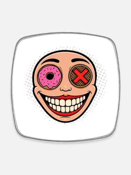 Smiling mascot with Donut and Kake - Square fridge magnet - white