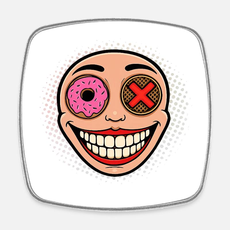 Smiling mascot with Donut and Kake - Square fridge magnet - white