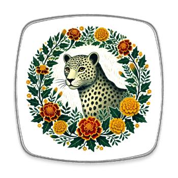 Elegant Leopard with Floral Frame - Square fridge magnet - white - Front