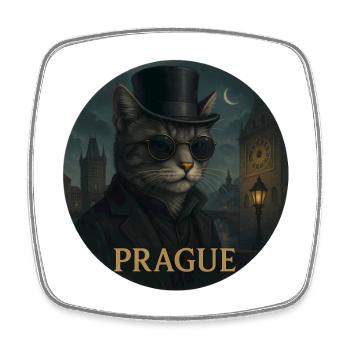 Cat gentleman in front of Prague's Old Town - Square fridge magnet - white - Front