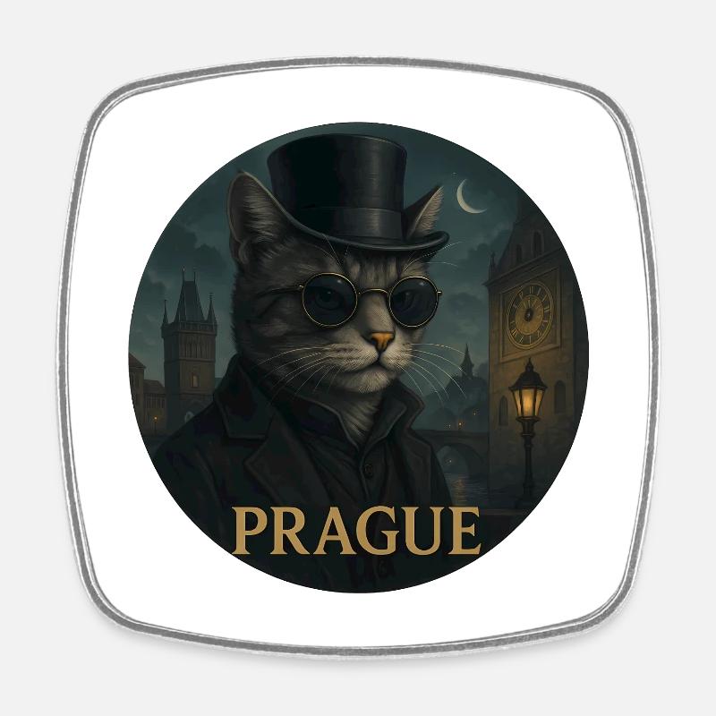 Chat gentleman devant la vieille ville de Prague - Magnet carré - blanc