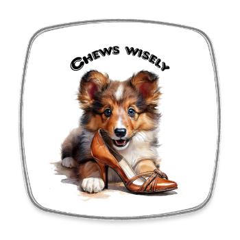 Sheltie Puppy Shoe Thief - Gift Dogs Mom - Square fridge magnet - white - Front