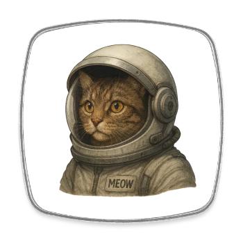Katze Astronaut Helm Kunst mit "Miau" Aufnäher - Viereckiger Kühlschrankmagnet - Weiß - Vorne