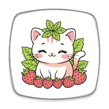 Kitten with strawberries and leaves - Square fridge magnet - white - Front