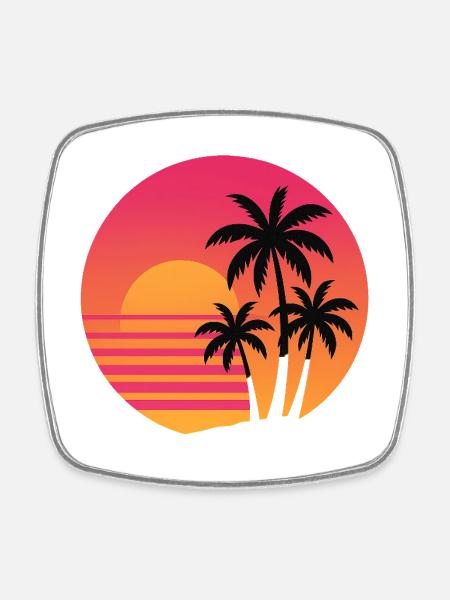 Retro Sunset Palm Trees | 80s Beach Vibes - Square fridge magnet - white