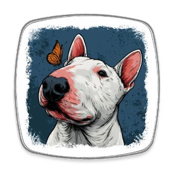 Cheerful bull terrier with butterfly - Square fridge magnet - white - Front