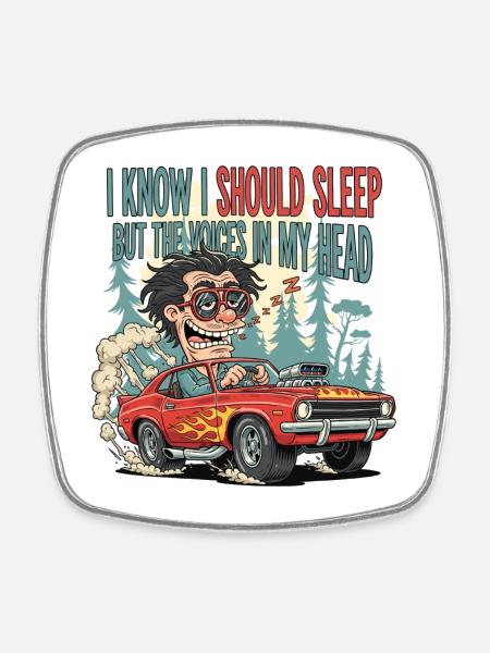 Sleepy Car Racer Dessin animé Design - Magnet carré - blanc