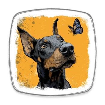 Drôle de doberman et de papillon sur orange - Magnet carré - blanc - Devant