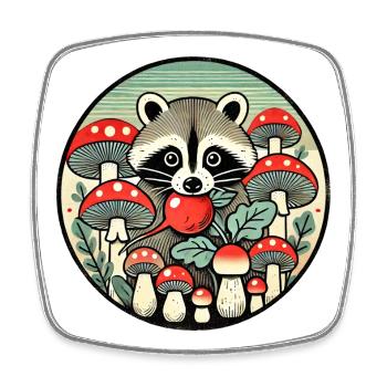 Raton laveur fantaisiste parmi les champignons rouges - Magnet carré - blanc - Devant