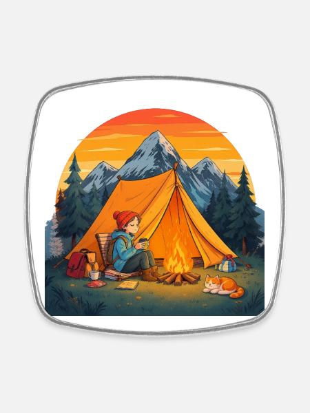 Camping with Cat - Square fridge magnet - white